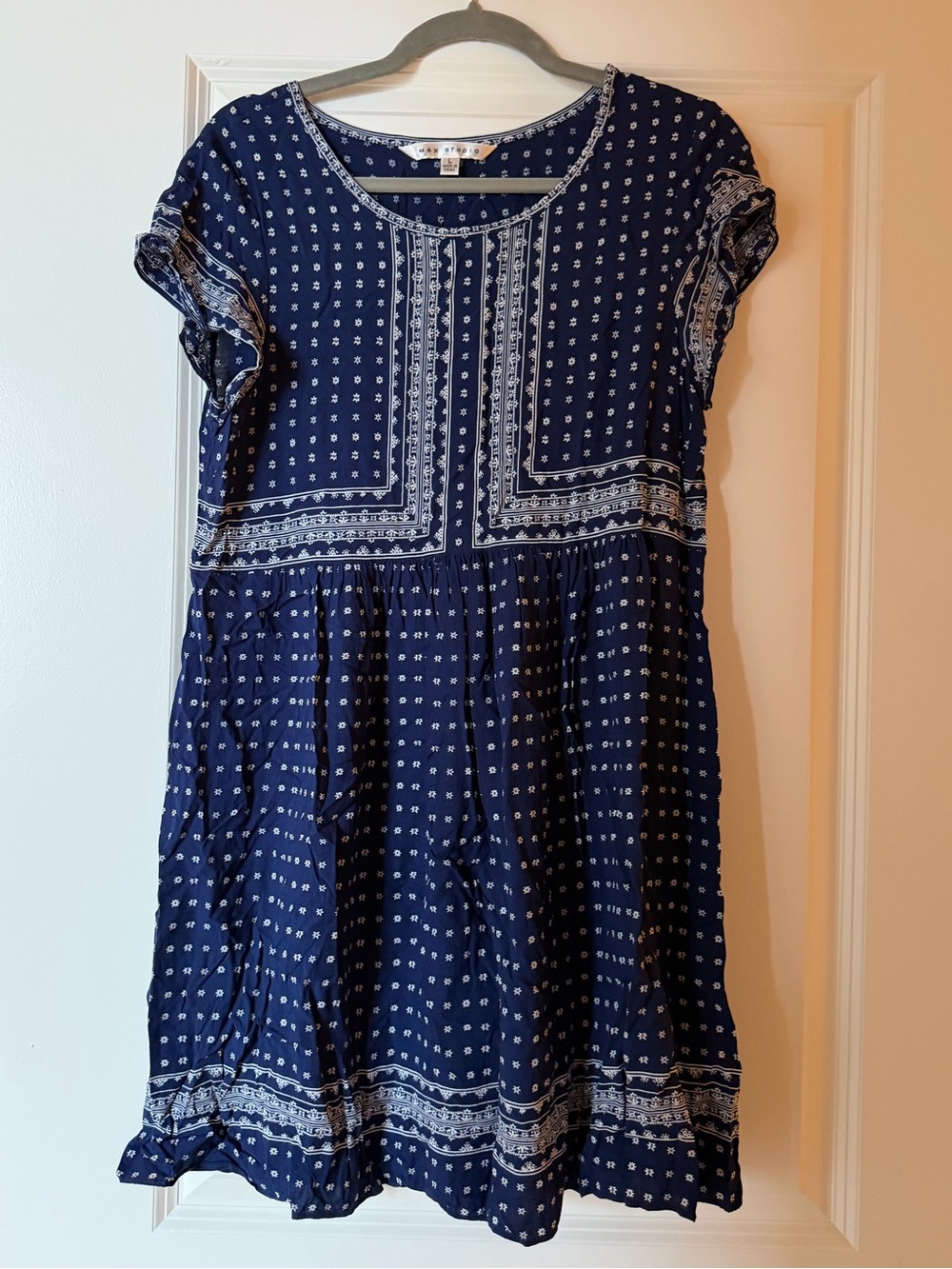 Max Studio Navy Blue Printed Short-Sleeve Babydoll Mini Dress